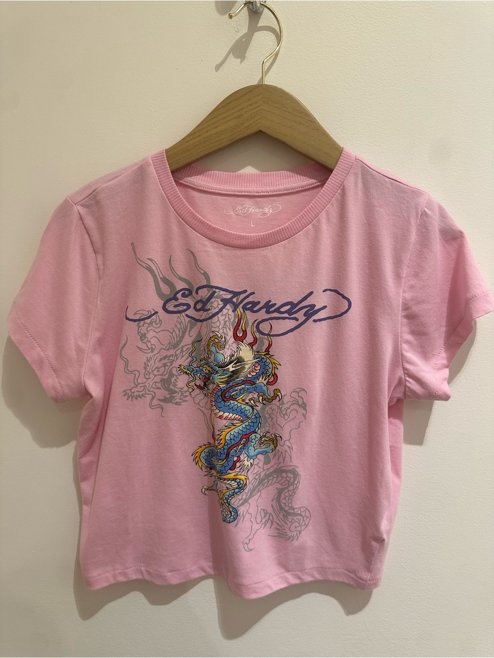Ed Hardy Pink Tee with Multicolor Dragon Print